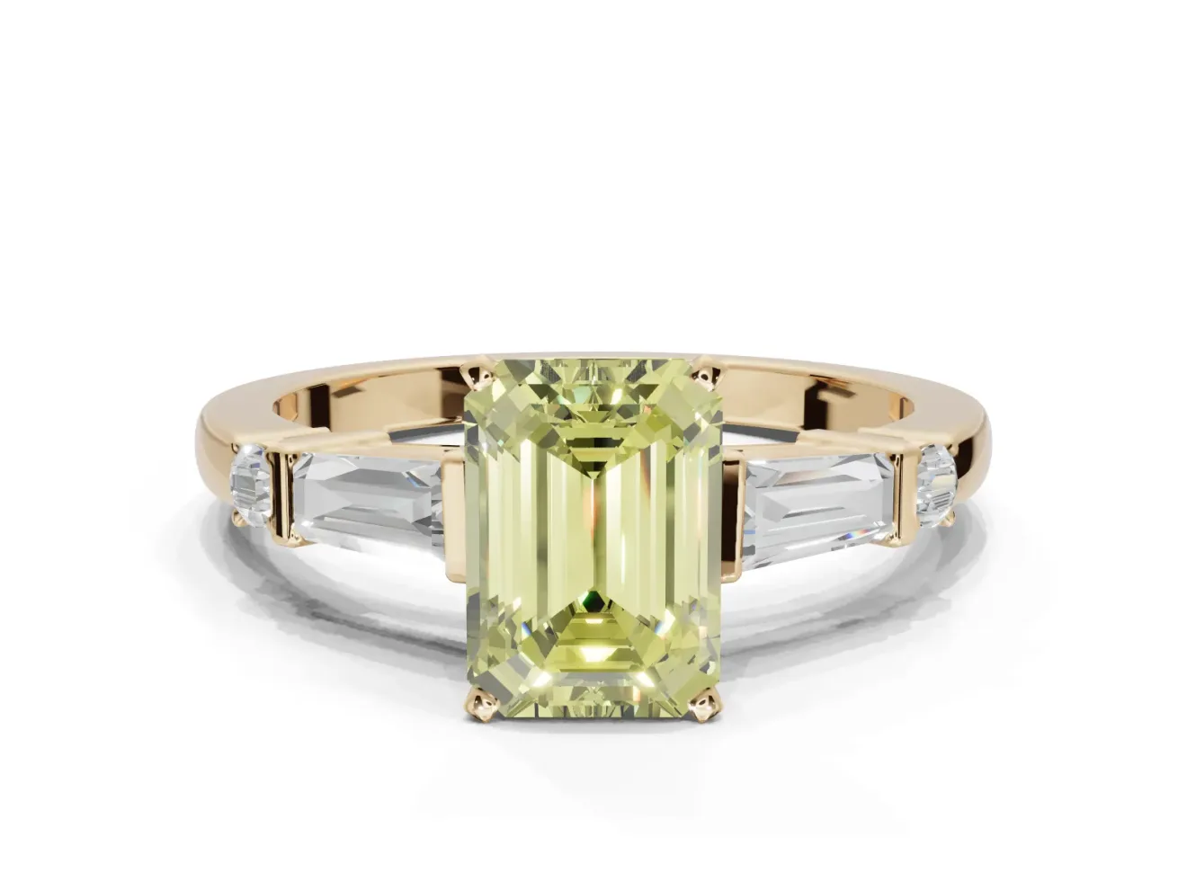 Emerald Cut Tapered Baguette Engagement Ring Setting for a Fancy Yellow Lab-Grown Diamond | Bar Set Sides | Yellow Gold