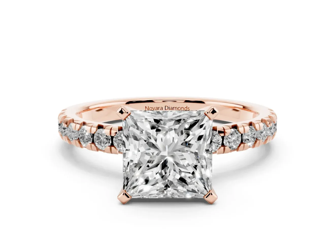 Princess Cut Diamond Solitaire Pavé Engagement Ring Set in Rose gold with Round Band and Prong Setting
