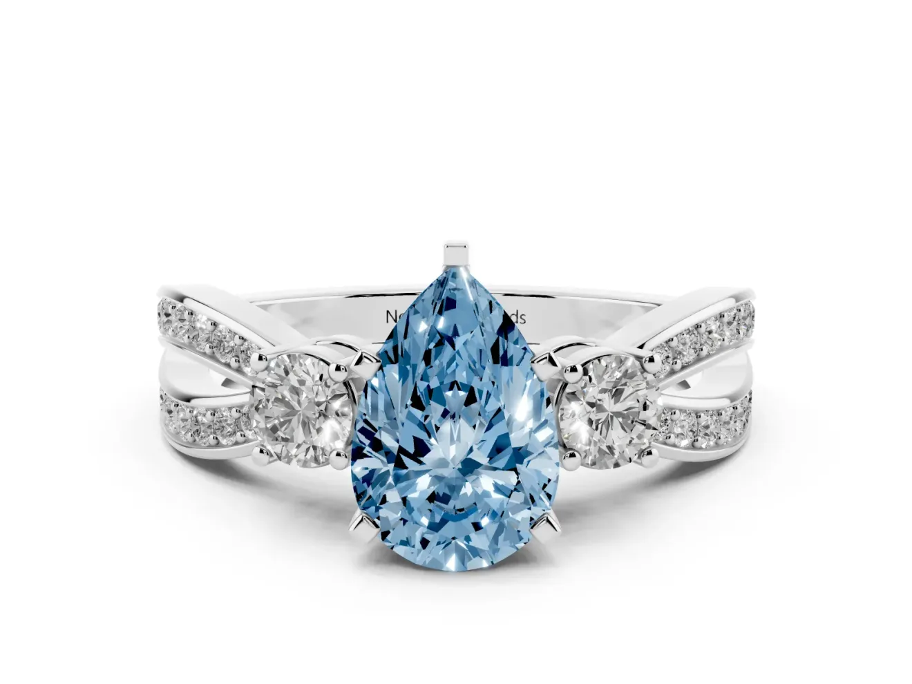 Fancy Blue Three-Stone Pear Cut Diamond Twist Band Ring Set in Silver with Pavé Accents and Prong Setting