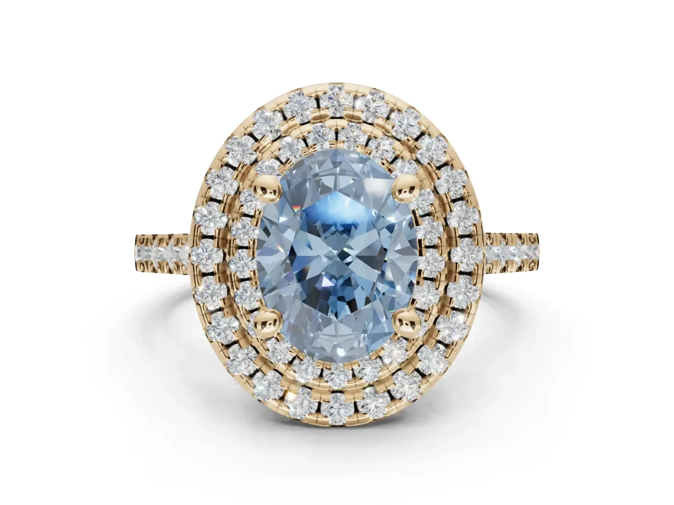 Fancy Blue Oval Lab-Grown Diamond Double Halo Statement Ring Set in Yellow Gold with Pavé Band