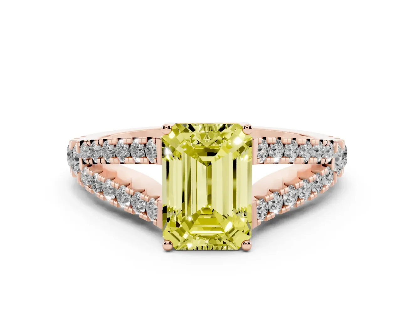 Emerald Cut Graduated Split Shank Engagement Ring Setting for a Fancy Yellow Lab-Grown Diamond | Rose Gold