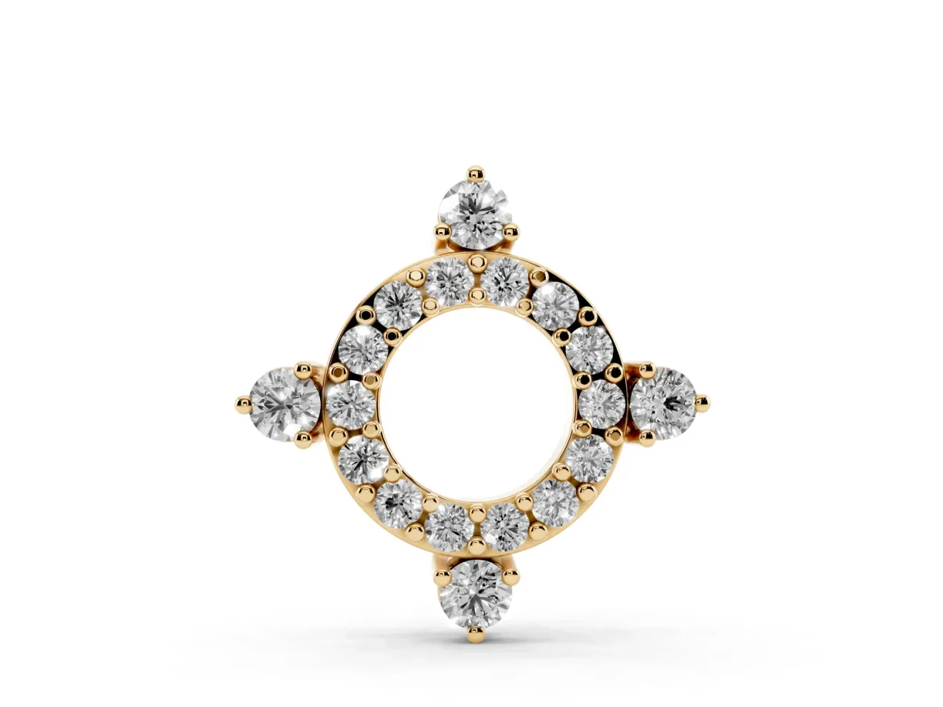 Round Lab-Grown Diamond Pavé Open Circle Pendant Necklace | Compass Accents | Yellow Gold