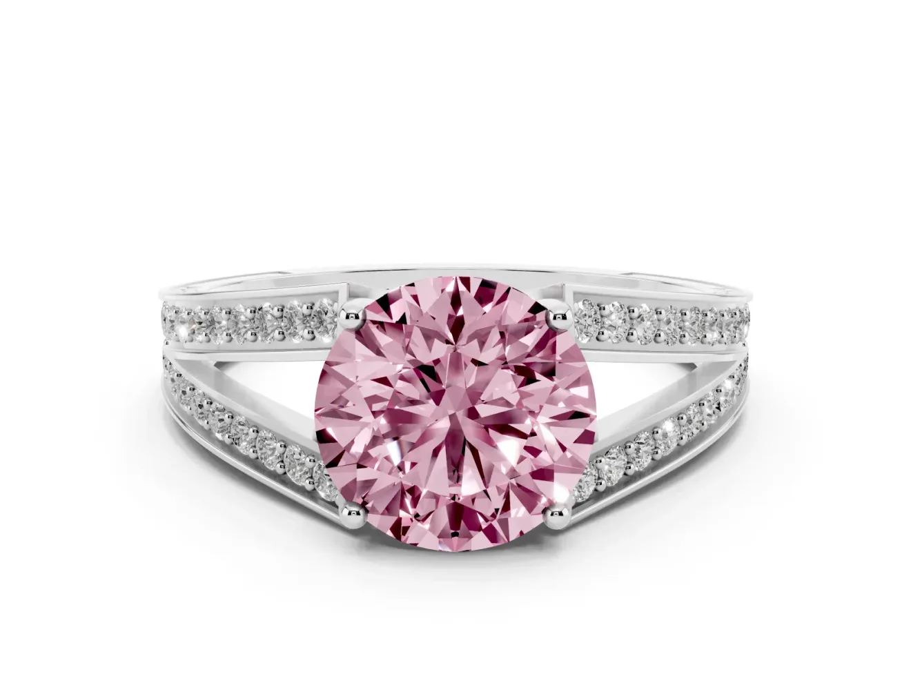 Fancy Pink Round Cut Diamond Split Shank Ring Set in Silver with Pavé Band and Prong Setting