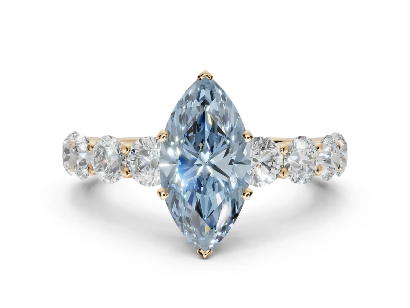 Marquise Side Stone Engagement Ring Setting for a Fancy Blue Lab-Grown Diamond | Scalloped Prong Accents | Yellow Gold