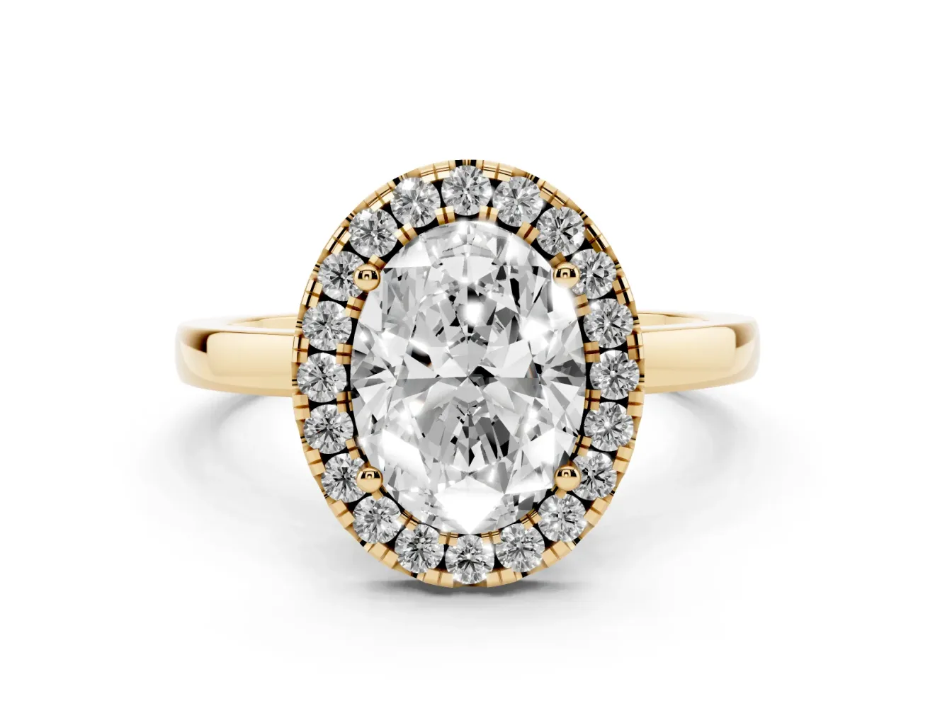 Oval Thin Halo Engagement Ring Setting | Plain Polished Band | Yellow Gold