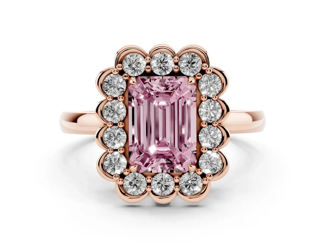 Emerald Cut Scalloped Cluster Halo Engagement Ring Setting for a Fancy Pink Lab-Grown Diamond | Plain Band | Rose Gold