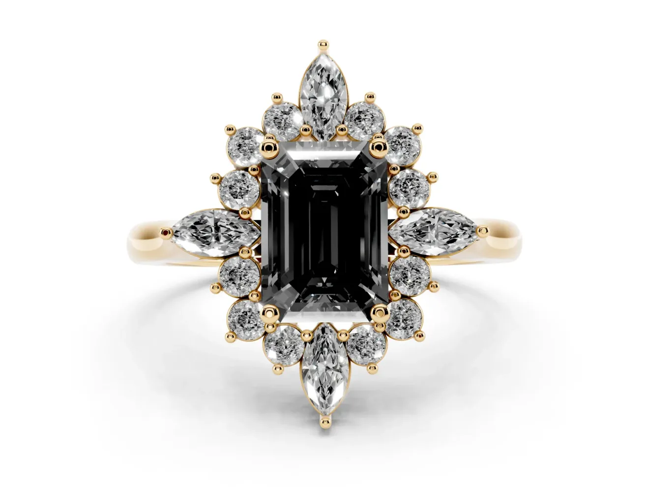 Emerald Cut Cluster Halo Engagement Ring Setting for a Black Center | Yellow Gold