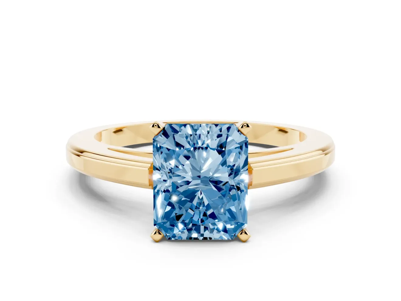 Fancy Blue Radiant Cut Diamond Solitaire Ring Set in Yellow gold with Prong Setting and Classic Band