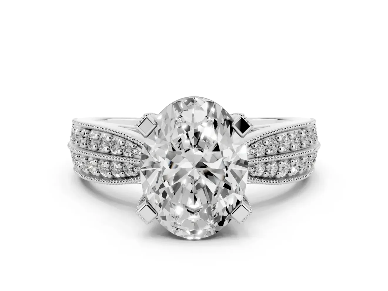 Oval Cut Diamond Solitaire Ring Set in Silver with Milgrain Double Row Round Pavé Band