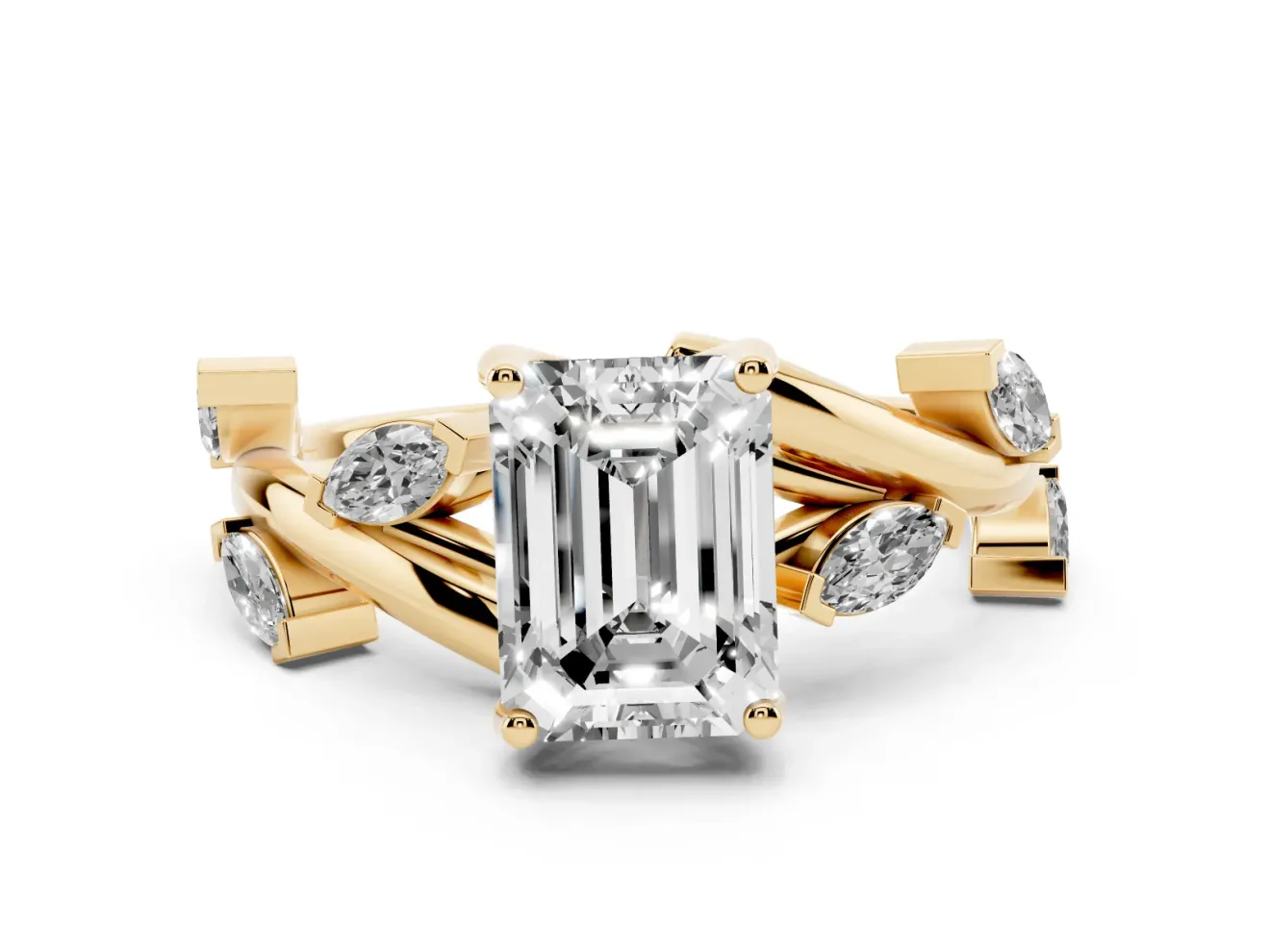 Emerald Cut Twisted Vine Engagement Ring Setting | Marquise Side Stones | Yellow Gold