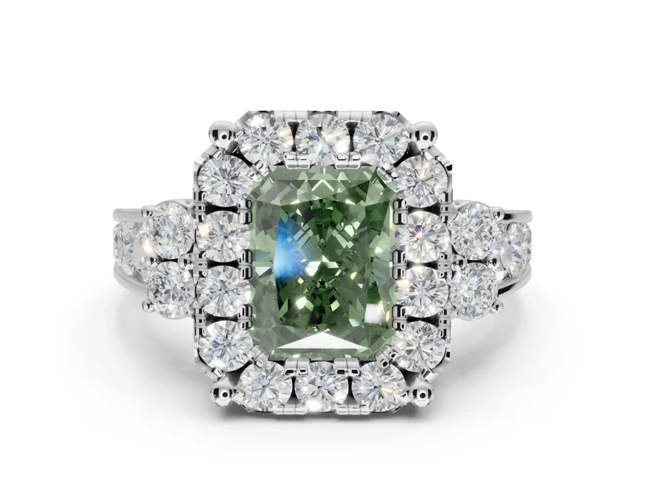 Radiant Cut Halo Engagement Ring Setting for a Fancy Green Lab-Grown Diamond | Graduated Channel Band | Platinum