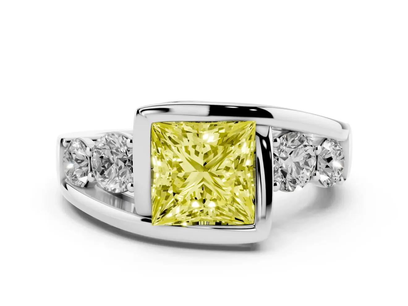 Fancy Yellow Princess Cut Diamond Bezel Bypass Ring Set in Platinum with Round Accents