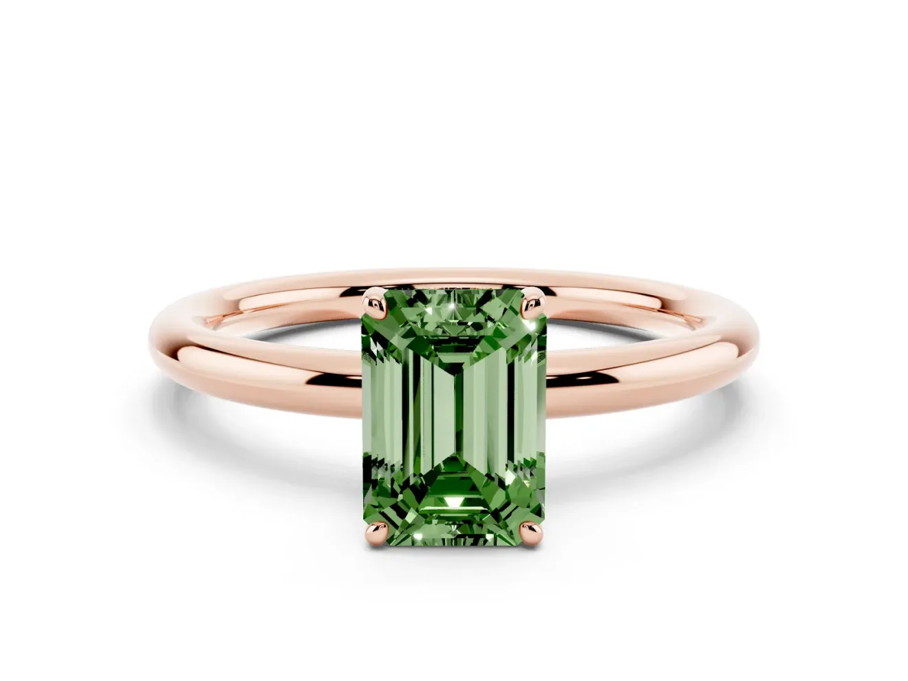 Fancy Green Emerald Cut Diamond Solitaire Ring Set in Rose gold with Prong Setting on a Polished Plain Band