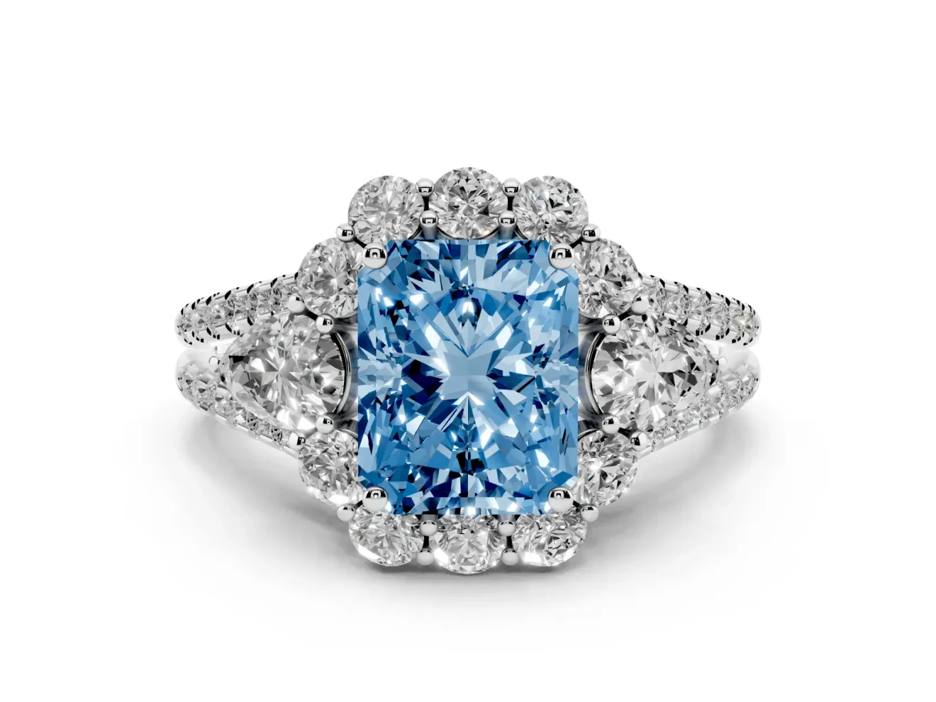 Fancy Blue Radiant Cut Diamond Halo Split Shank Engagement Ring Set in Platinum with Prong-Held Center Stone