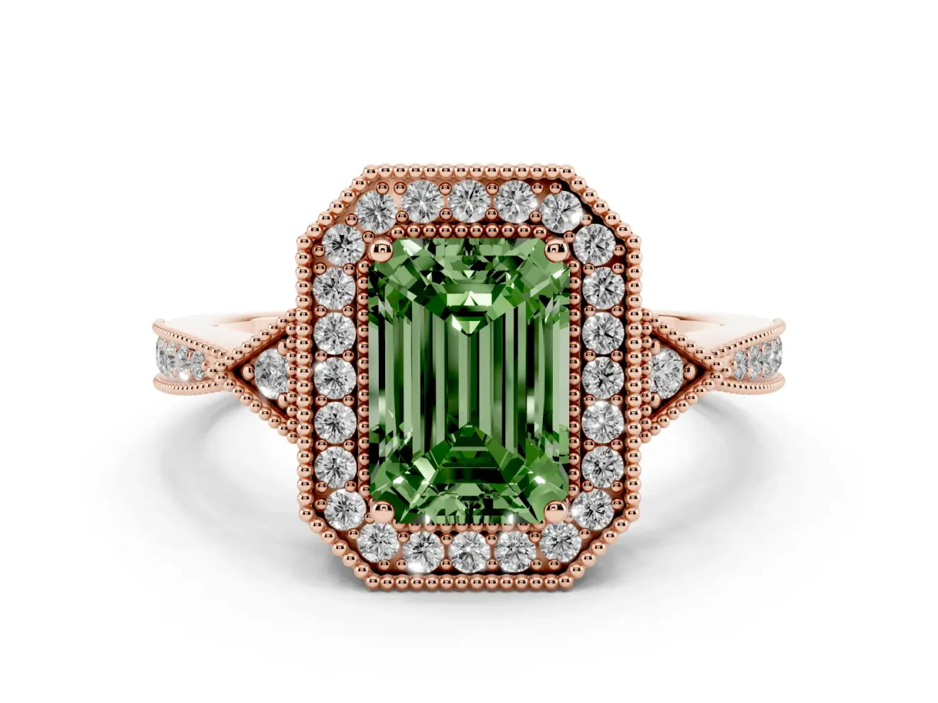 Fancy Green Emerald Cut Diamond Halo Engagement Ring Set in Rose gold with Milgrain Pavé Band