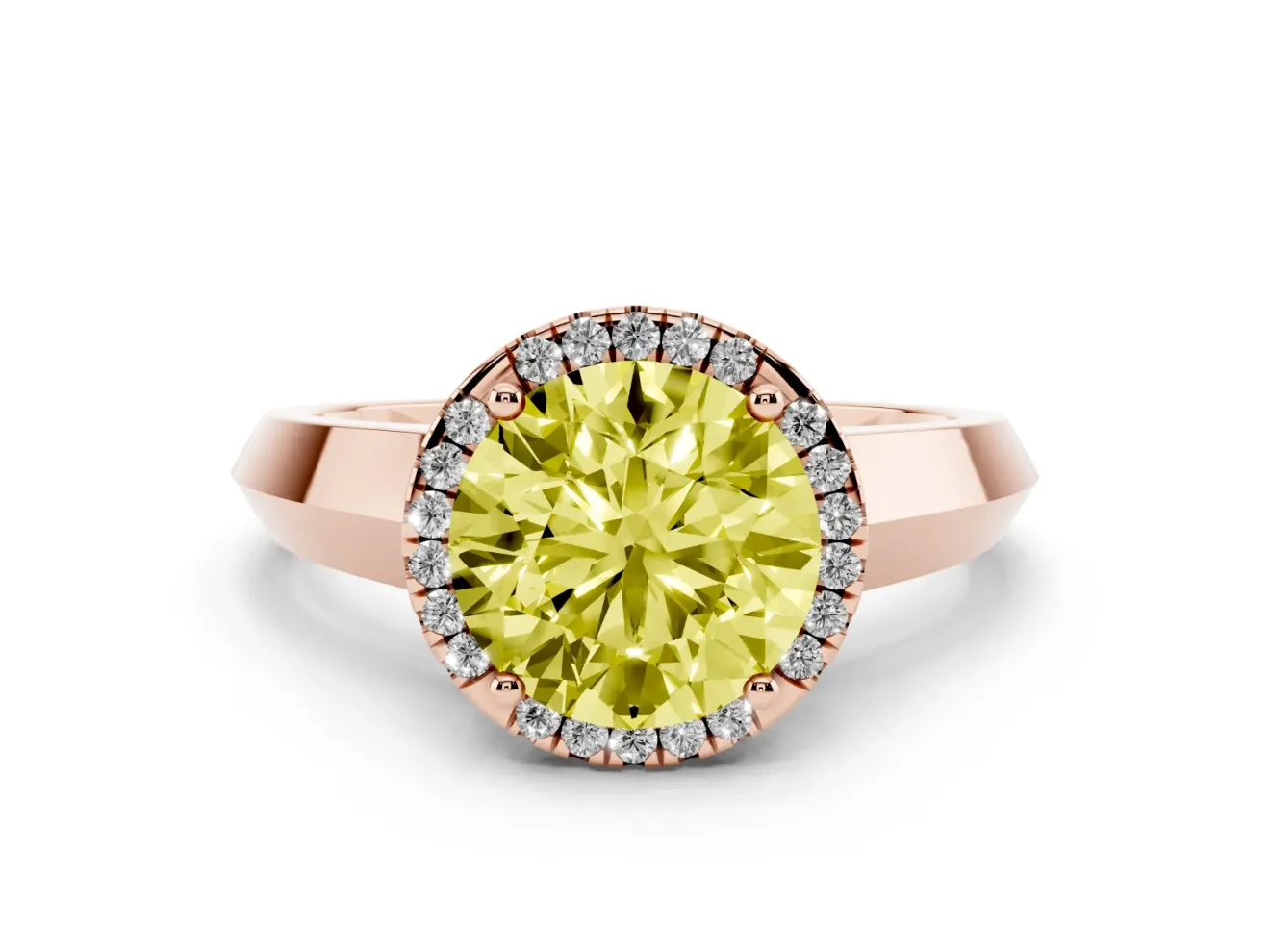 Round Knife-Edge Halo Engagement Ring Setting for a Fancy Yellow Lab-Grown Diamond | Rose Gold