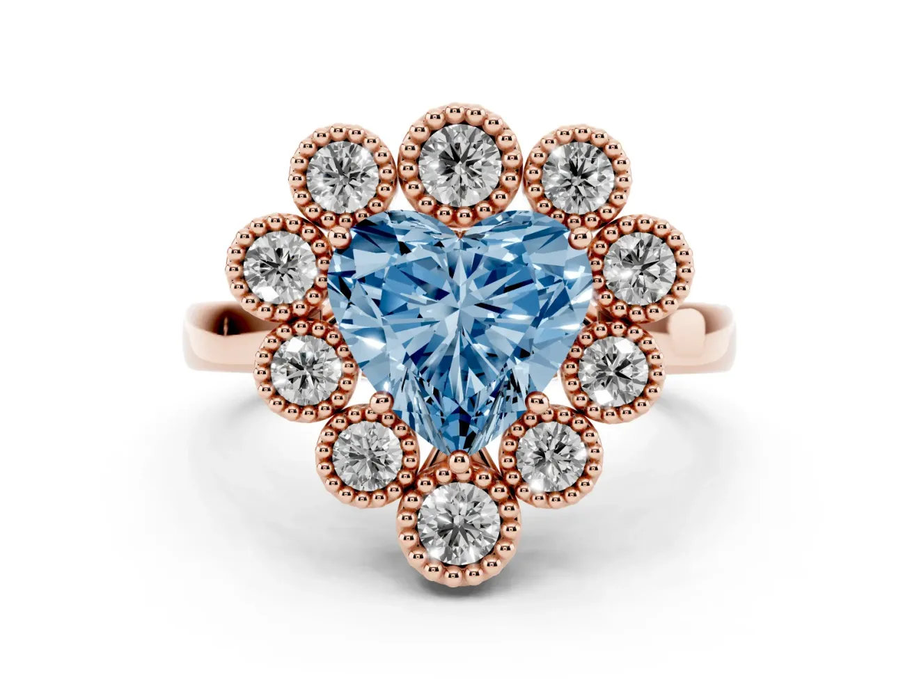 Heart-Shaped Milgrain Cluster Halo Engagement Ring Setting for a Fancy Blue Lab-Grown Diamond | Plain Band | Rose Gold