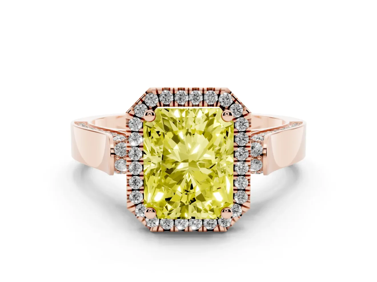 Radiant Cut Halo Engagement Ring Setting for a Fancy Yellow Lab-Grown Diamond | Pavé Panel Shoulders | Rose Gold