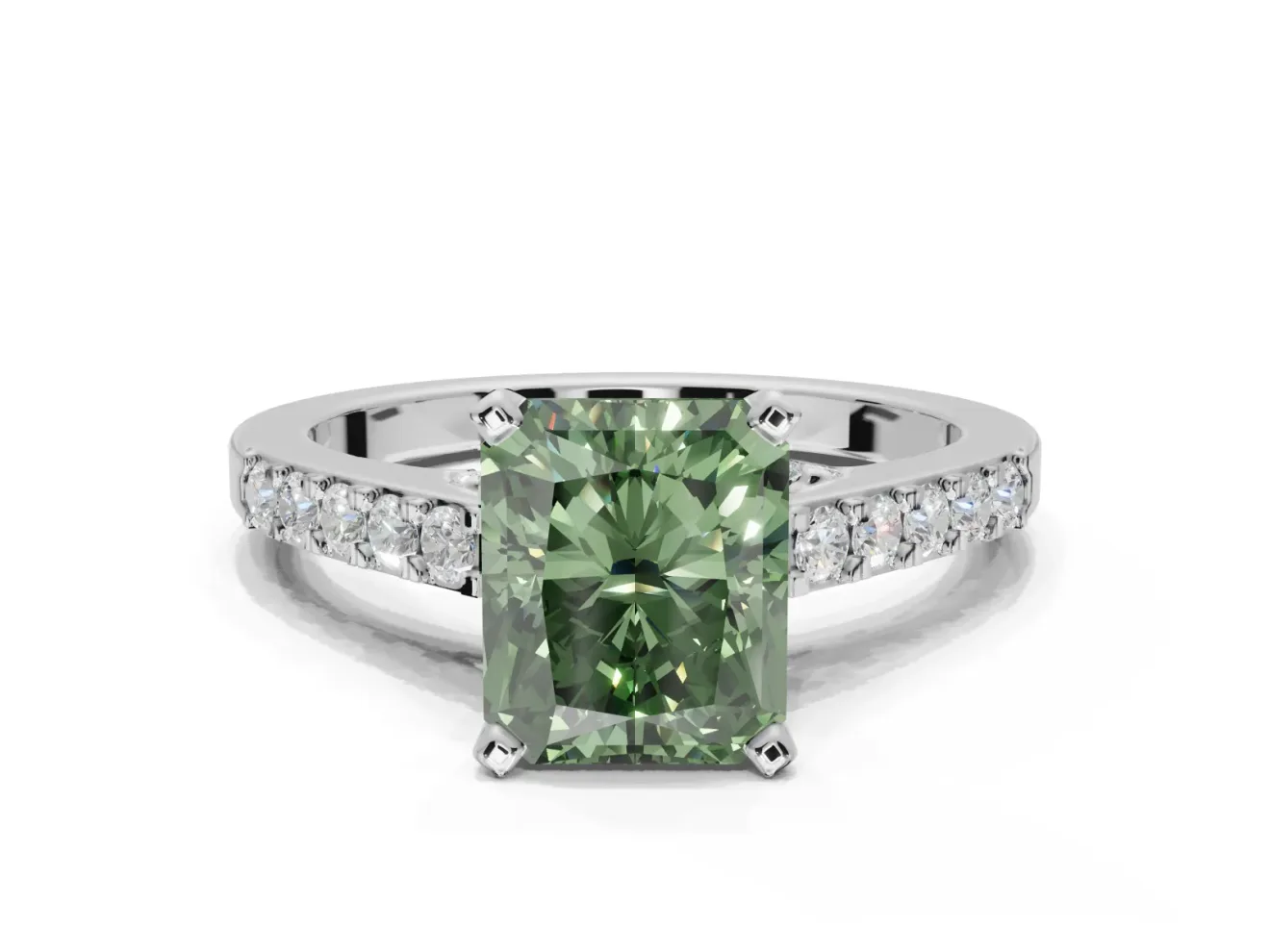 Radiant Cut Pavé Solitaire Engagement Ring Setting for a Fancy Green Lab-Grown Diamond | Crossover Gallery | Platinum