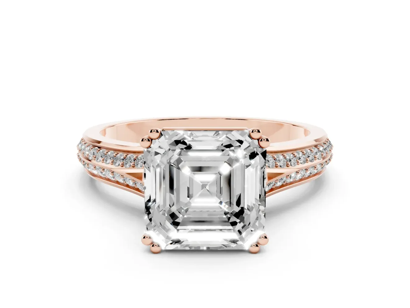 Asscher Cut Pave Split Shank Engagement Ring Setting | Double Claw Prongs | Rose Gold