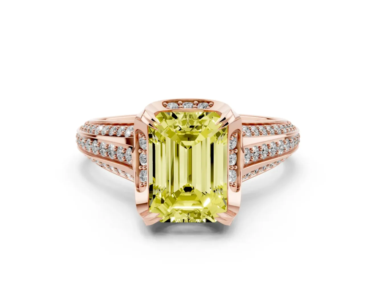 Emerald Cut Hidden Halo Engagement Ring Setting for a Fancy Yellow Lab-Grown Diamond | Triple Row Pavé Band | Rose Gold