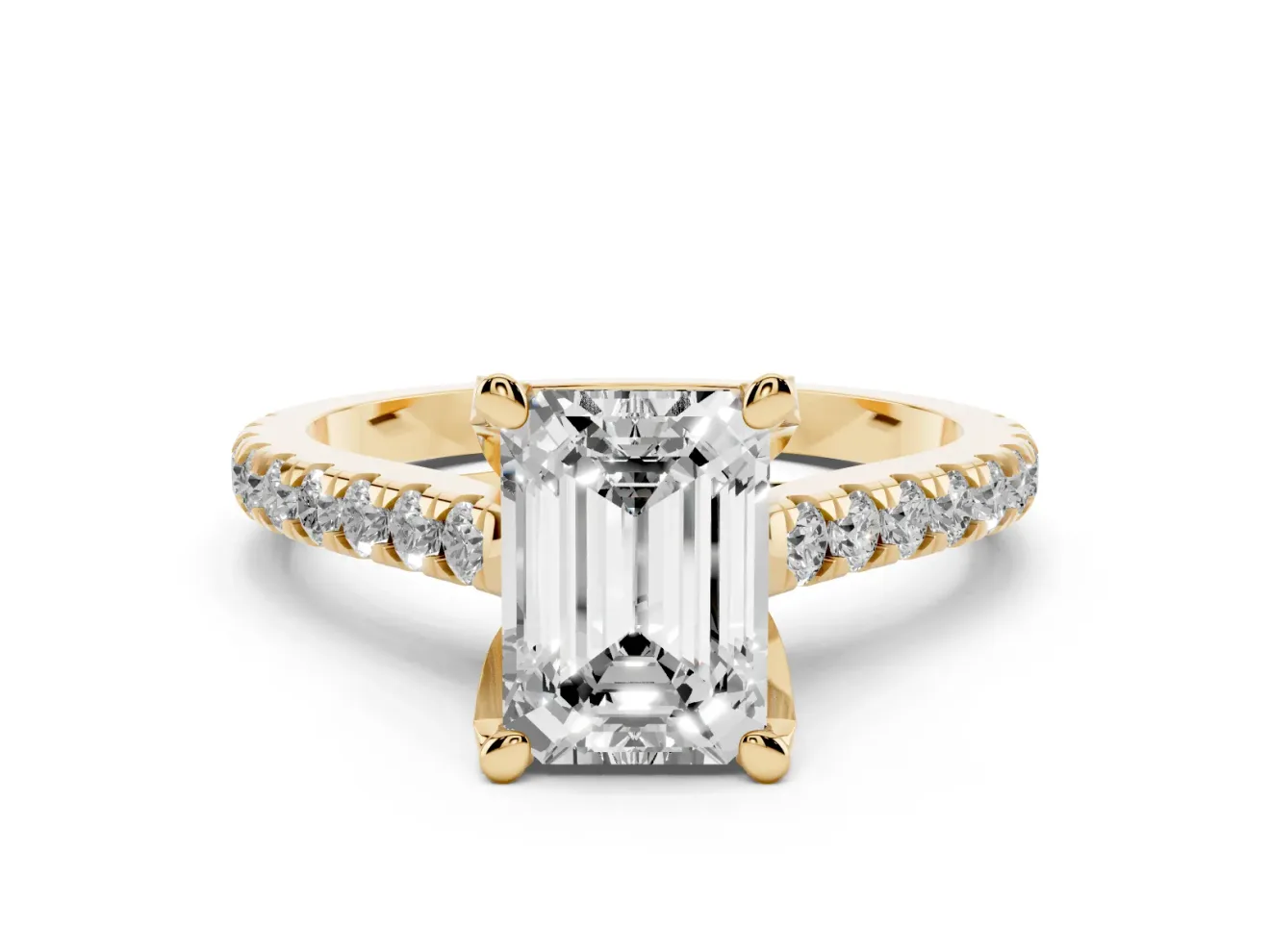 Emerald Cut Hidden Halo Pave Engagement Ring Setting | Claw Prongs | Yellow Gold