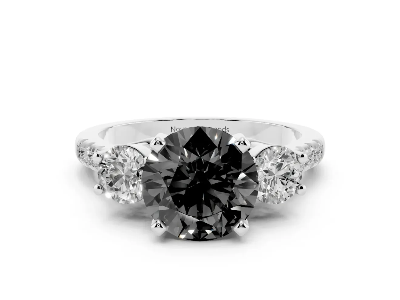 Fancy Black Three-Stone Round Cut Diamond Pavé Band Ring Set in Platinum with Prong-Set Trio
