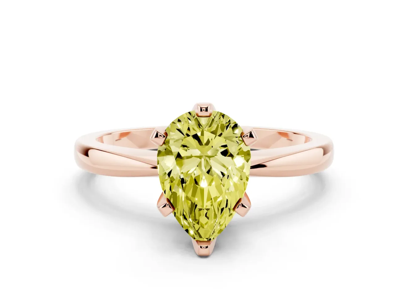 Fancy Yellow Pear Cut Diamond Solitaire Engagement Ring Set in Rose gold with Slim Tapered Solitaire Band