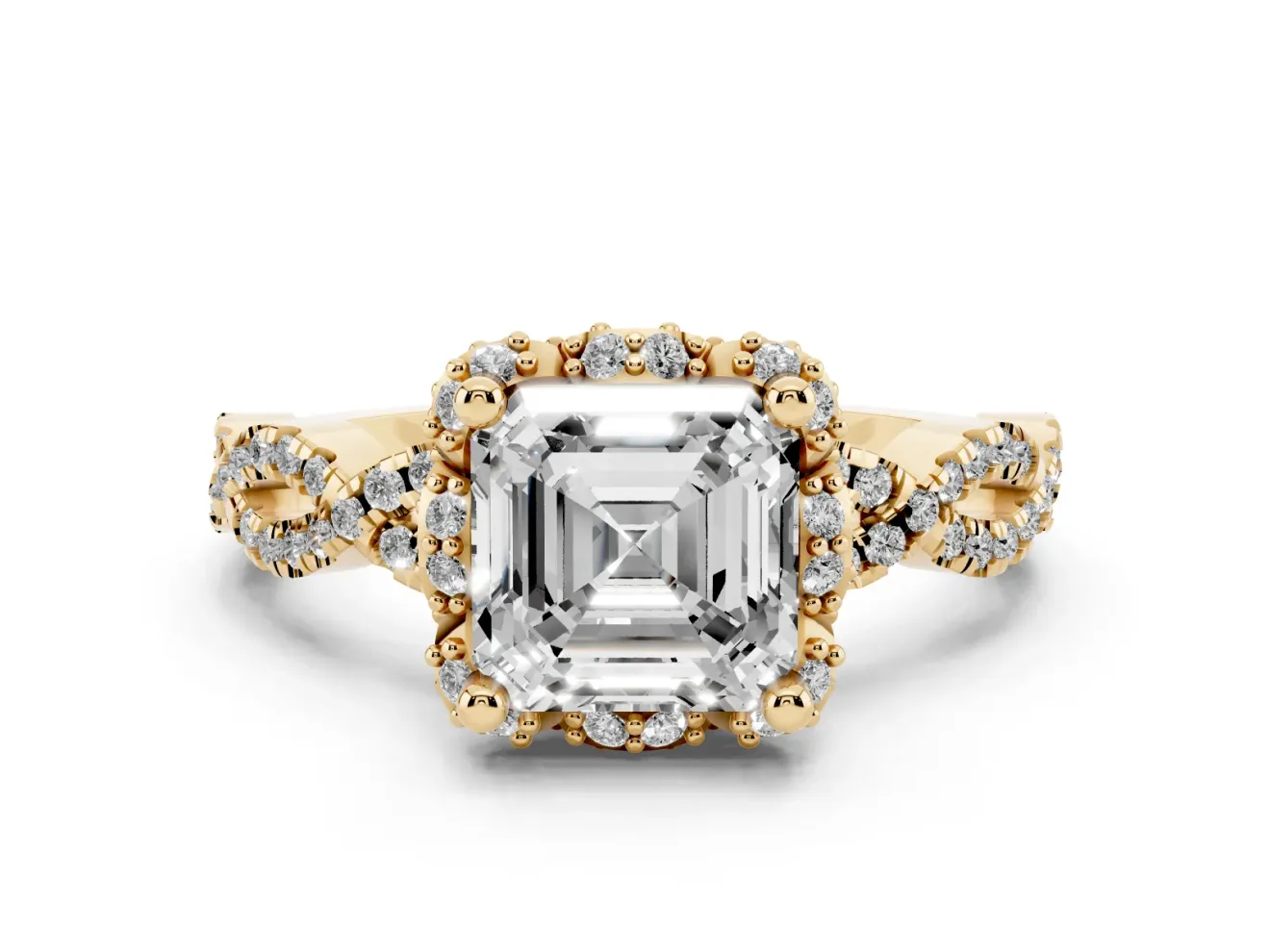 Asscher Cut Diamond Halo Twist Band Solitaire Ring Set in Yellow gold with Prong-Set Center Stone