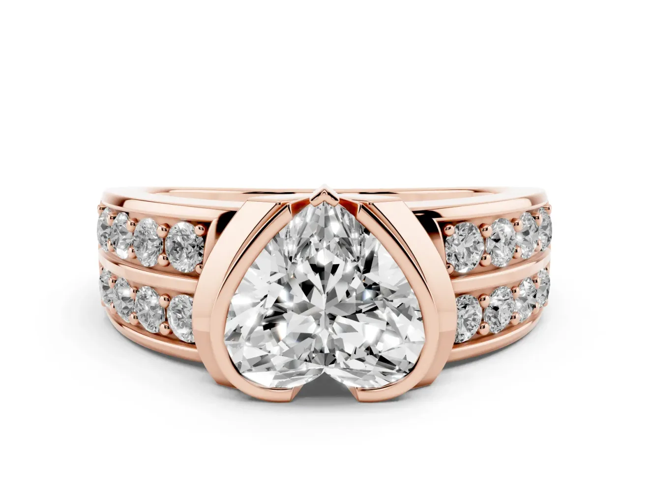 Heart-Shaped Half Bezel Engagement Ring Setting | Double Row Channel Band | Rose Gold
