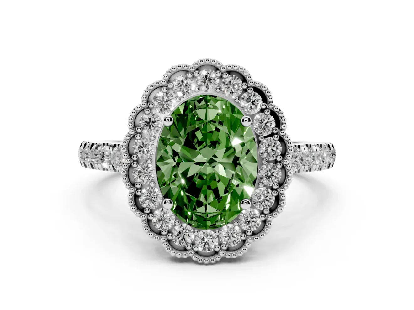 Fancy Green Oval Cut Diamond Milgrain Floral Halo Engagement Ring Set in White gold with Pavé Band
