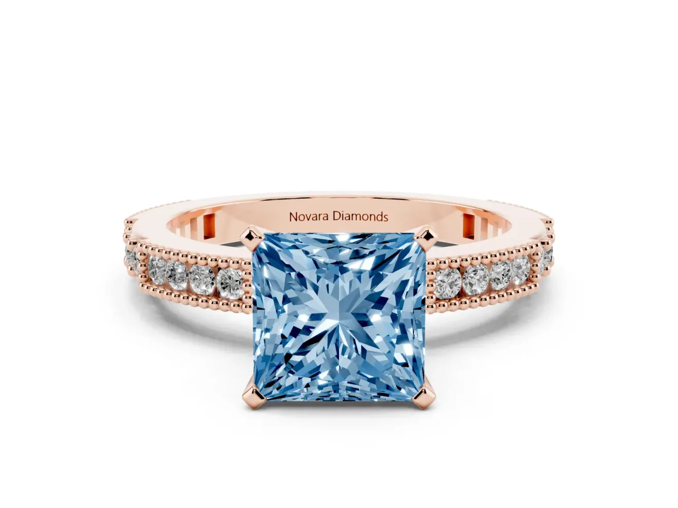 Fancy Blue Princess Cut Diamond Solitaire Ring Set in Rose gold with Slim Pavé Band and Prong Setting