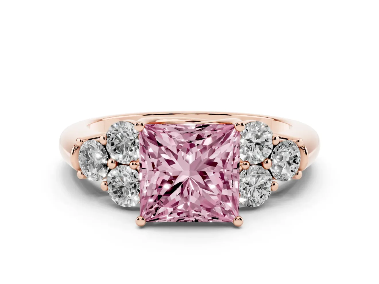 Princess Cut Side Stone Engagement Ring Setting for a Fancy Pink Lab-Grown Diamond | Rose Gold
