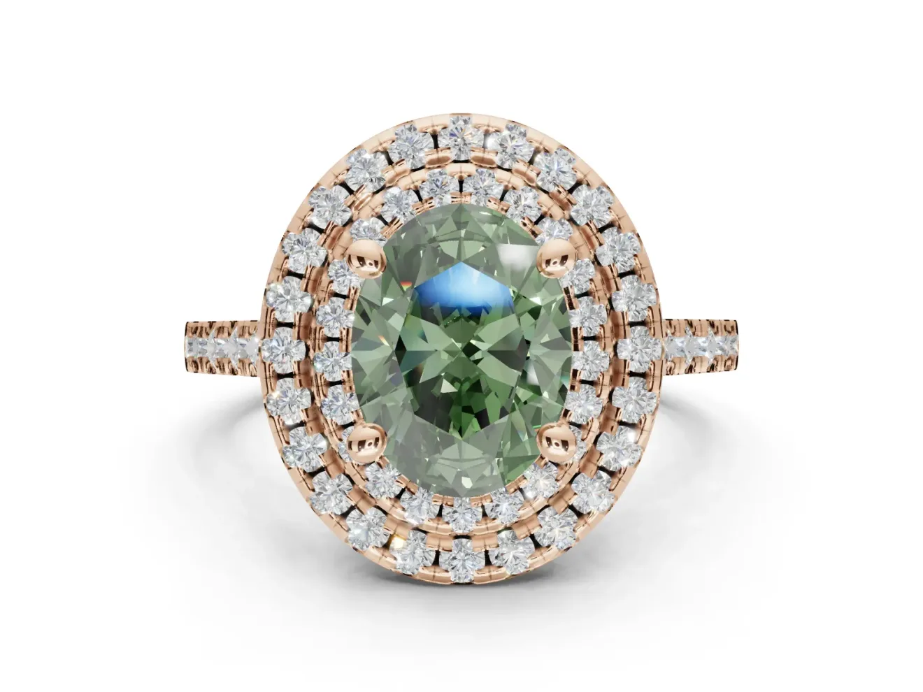Fancy Green Oval Lab-Grown Diamond Double Halo Statement Ring Set in Rose Gold with Pavé Band