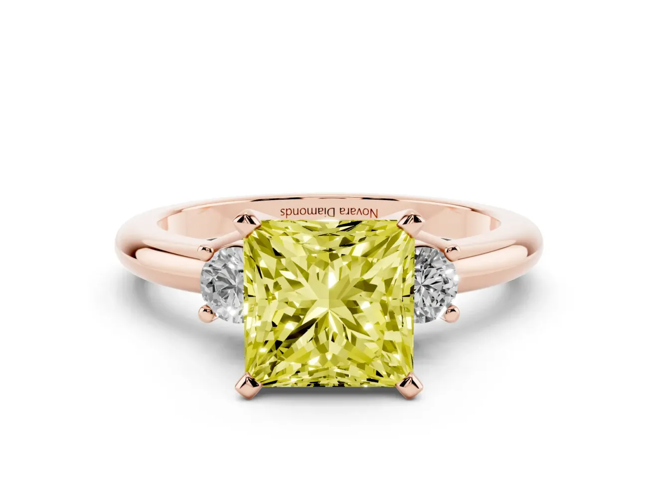 Fancy Yellow Three-Stone Princess Cut Diamond Ring Set in Rose gold with Prong Setting and Plain Band