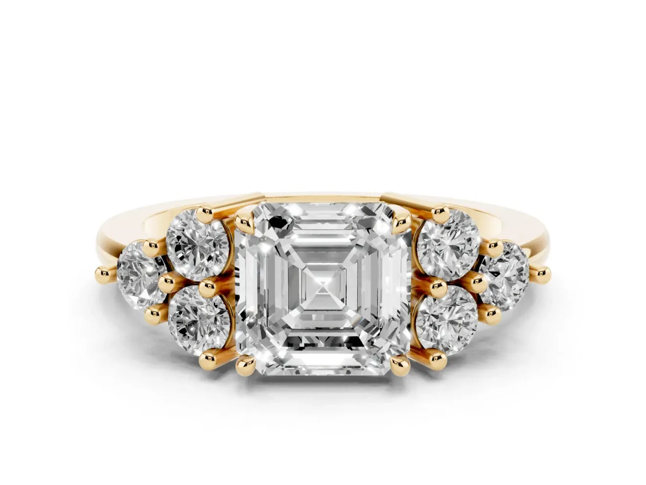 Asscher Cut Cluster Side Stone Engagement Ring Setting | Plain Band | Yellow Gold