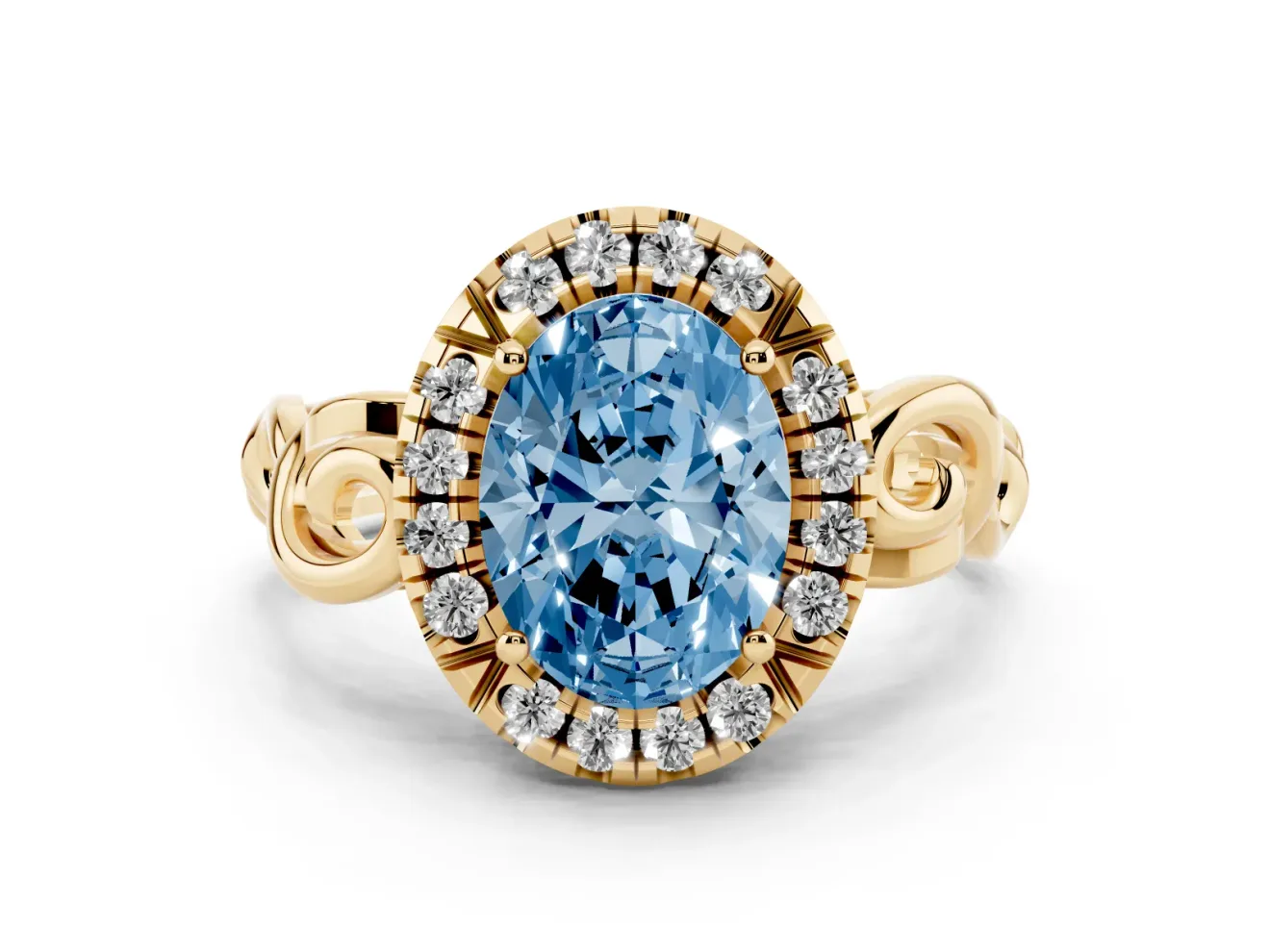 Oval Filigree Halo Engagement Ring Setting for a Fancy Blue Lab-Grown Diamond | Yellow Gold