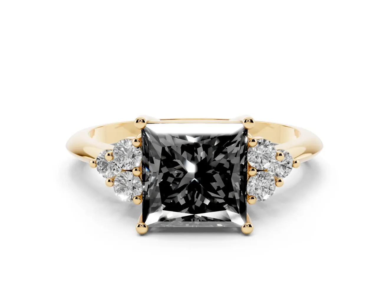 Princess Cut Cluster Accent Engagement Ring Setting for a Black Center | Plain Band | Yellow Gold