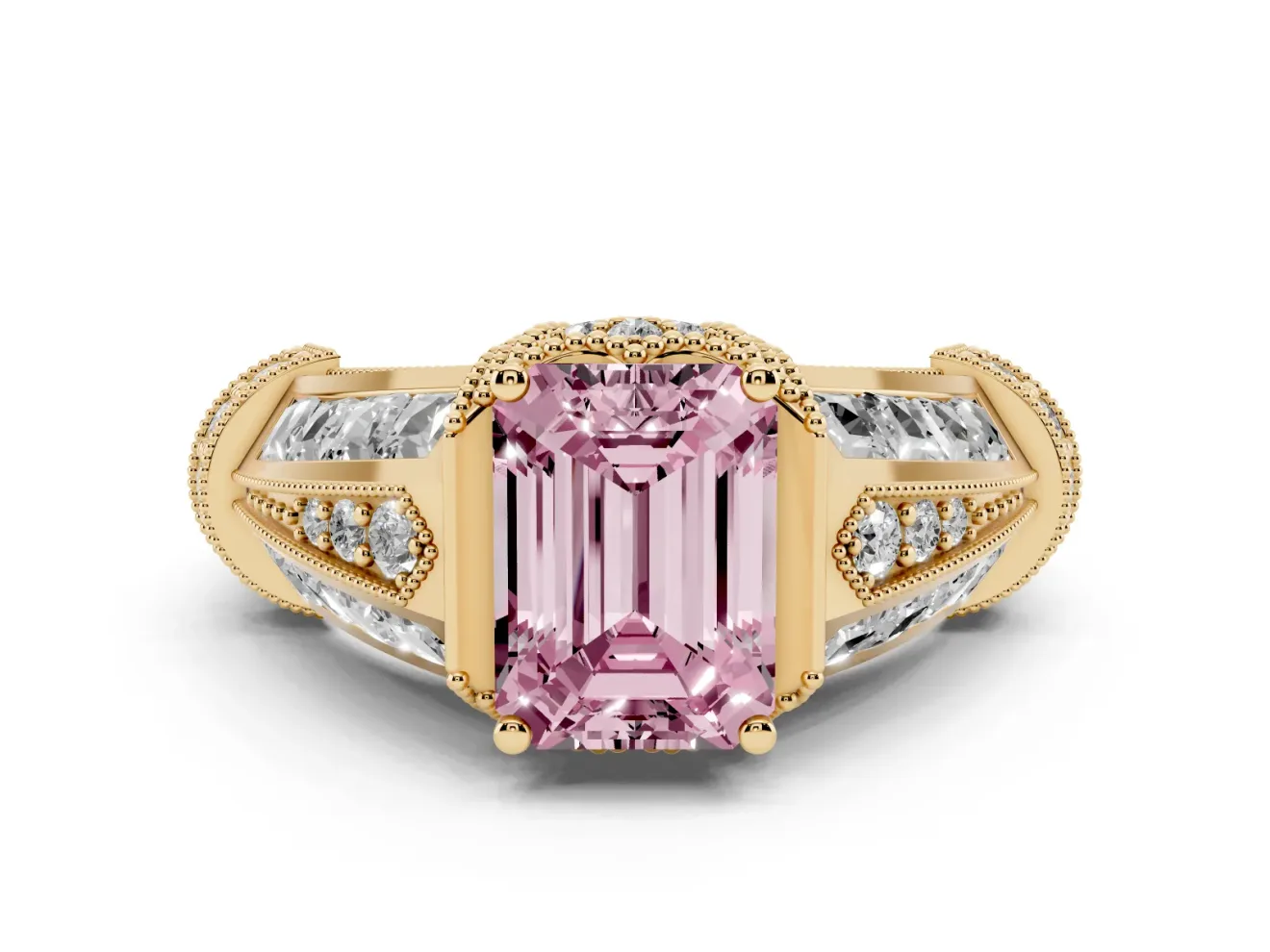Fancy Pink Emerald Cut Diamond Vintage-Inspired Milgrain Ring Set in Yellow gold with Accent Split Shank
