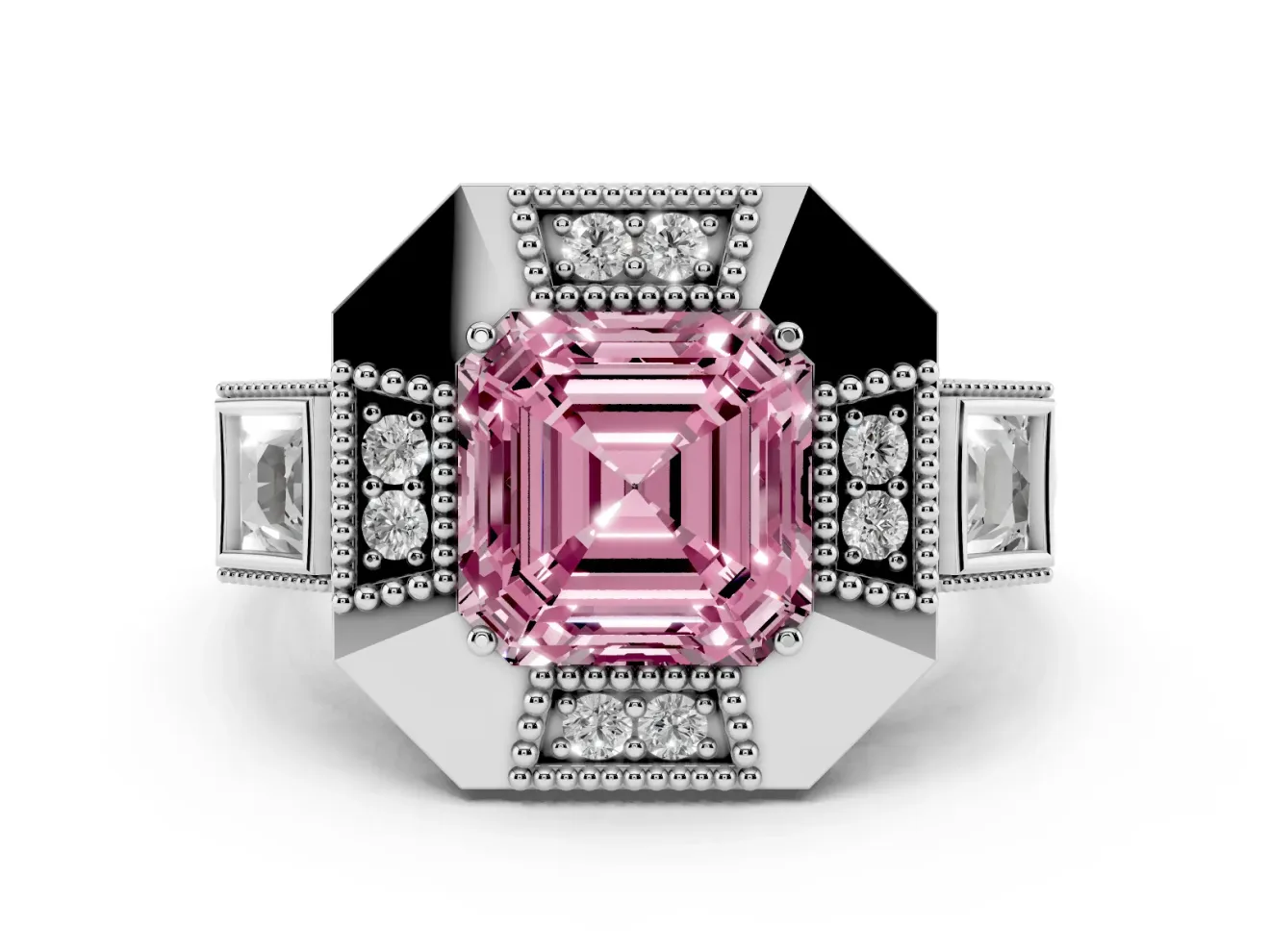 Fancy Pink Asscher Cut Diamond Milgrain Halo Ring Set in White gold with Split Shank
