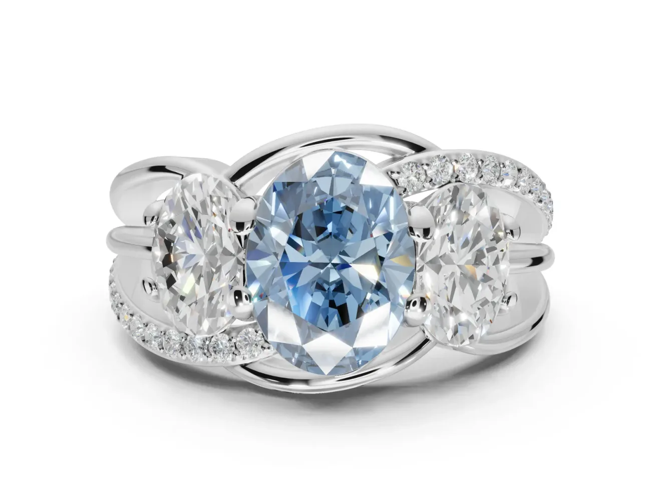 Oval Three Stone Split Shank Engagement Ring Setting for a Fancy Blue Lab-Grown Diamond | Matching Sides | Platinum