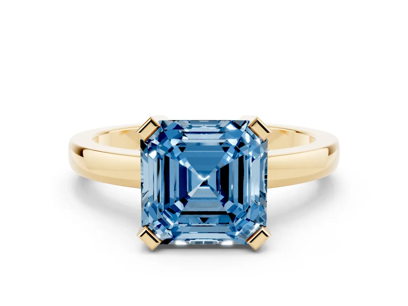 Fancy Blue Asscher Cut Diamond Solitaire Ring Set in Yellow gold with Prong Head and Smooth Polished Band