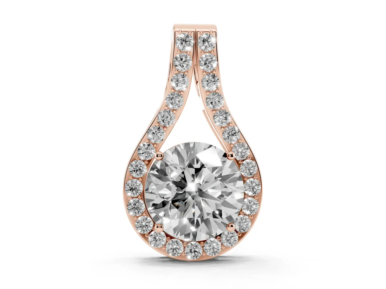 Round Lab-Grown Diamond Teardrop Halo Pendant Necklace | Pavé Split Bail | Rose Gold