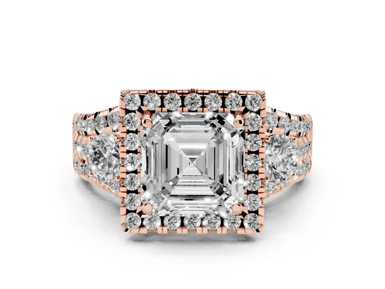 Asscher Cut Halo Split Shank Engagement Ring Setting | Round Side Stones | Rose Gold