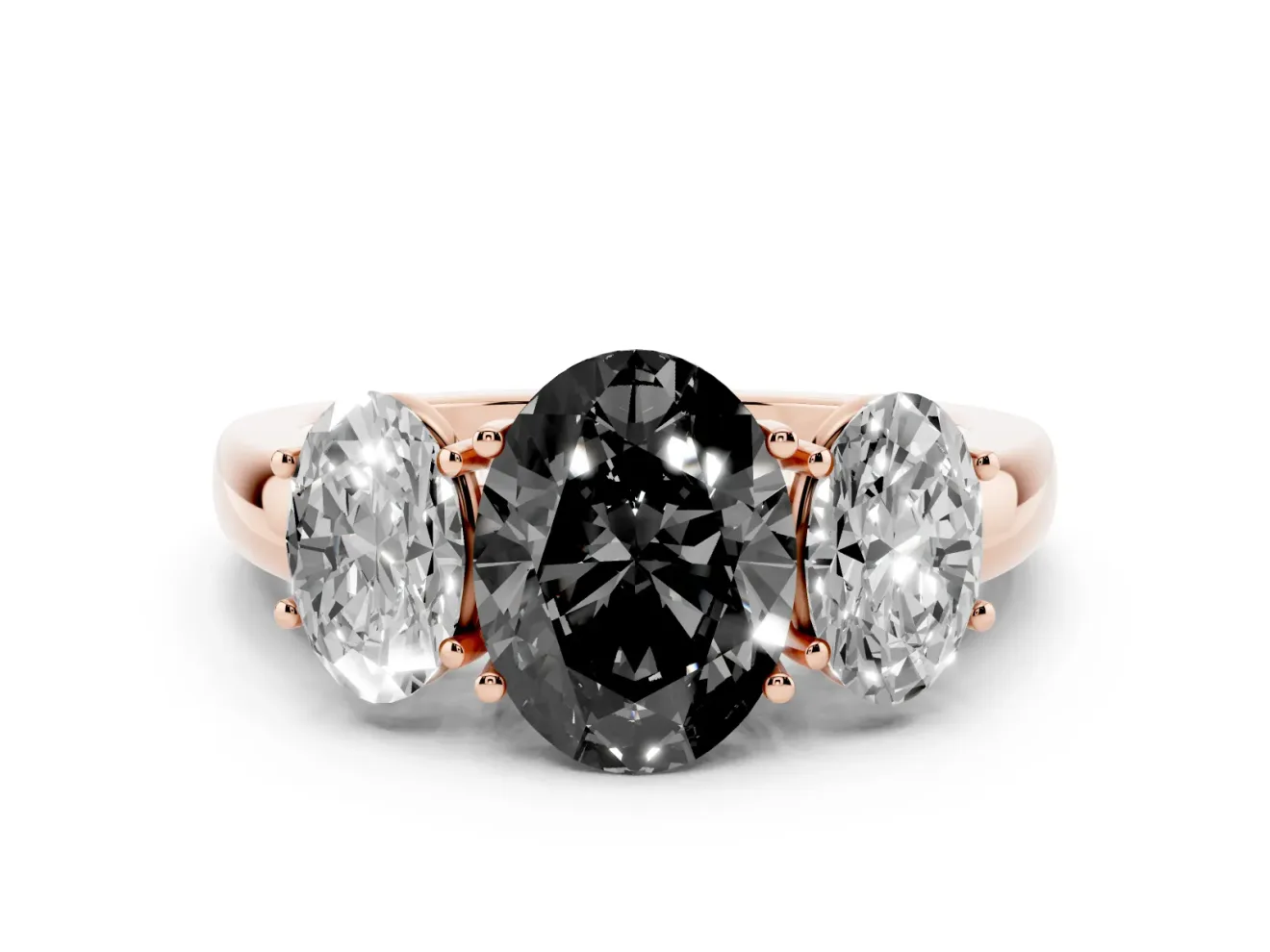 Fancy Black Oval Cut Diamond Three-Stone Ring Set in Rose gold with Bold Center and Classic Band
