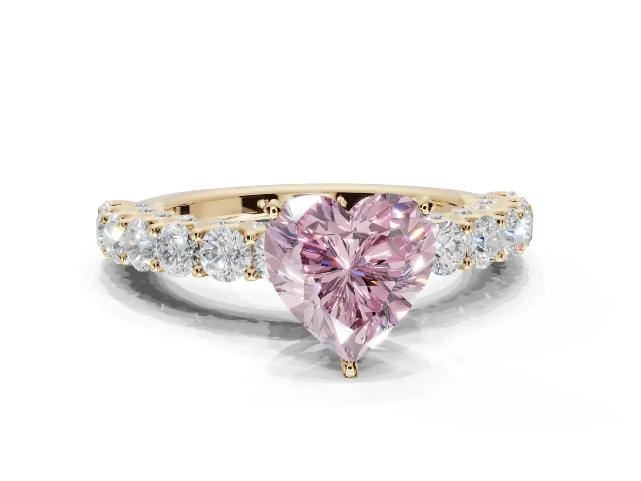 Heart-Shaped Shared Prong Engagement Ring Setting for a Fancy Pink Lab-Grown Diamond | Yellow Gold