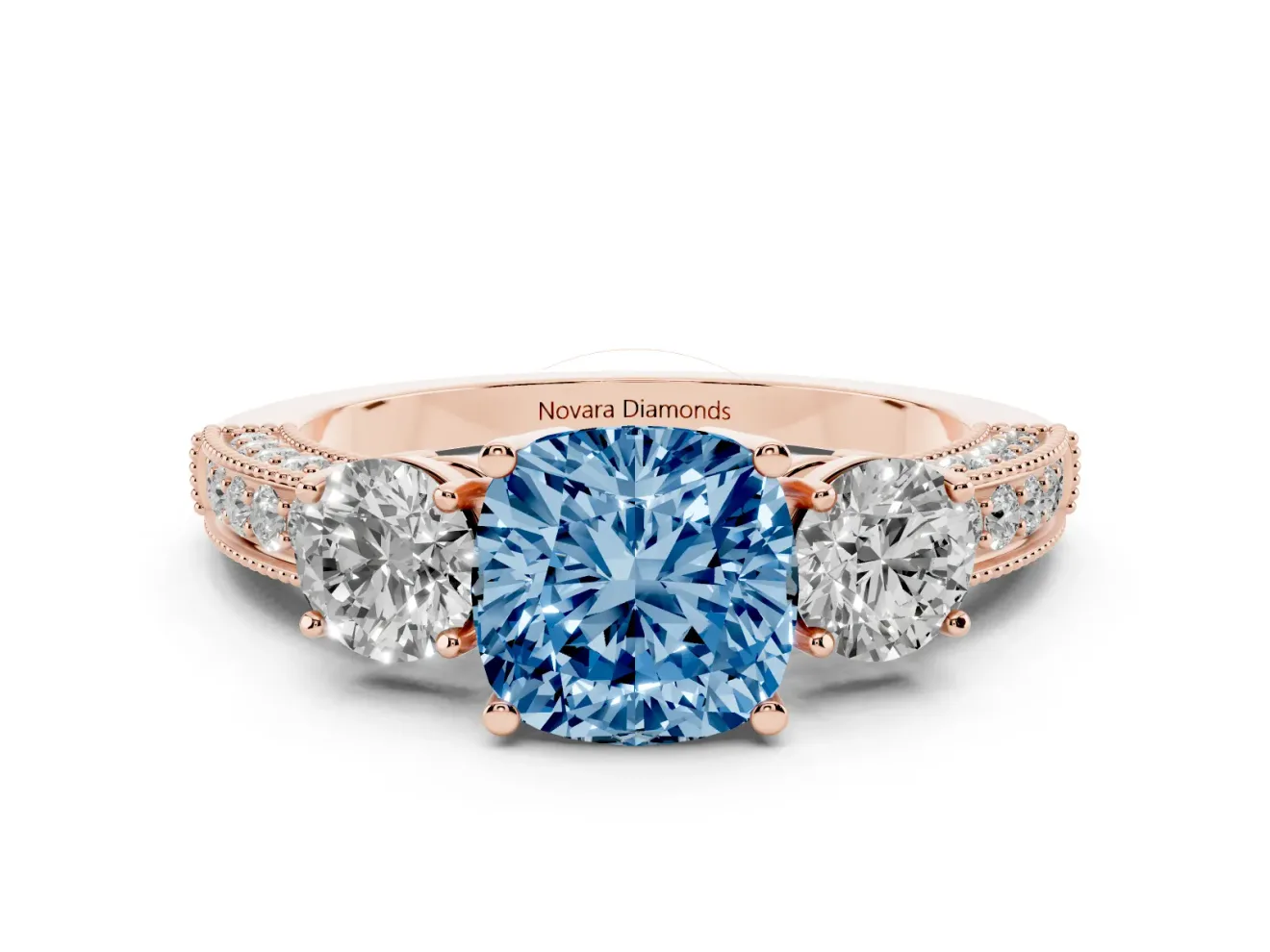 Cushion Cut Three Stone Engagement Ring Setting for a Fancy Blue Lab-Grown Diamond | Graduated Pave Band | Rose Gold