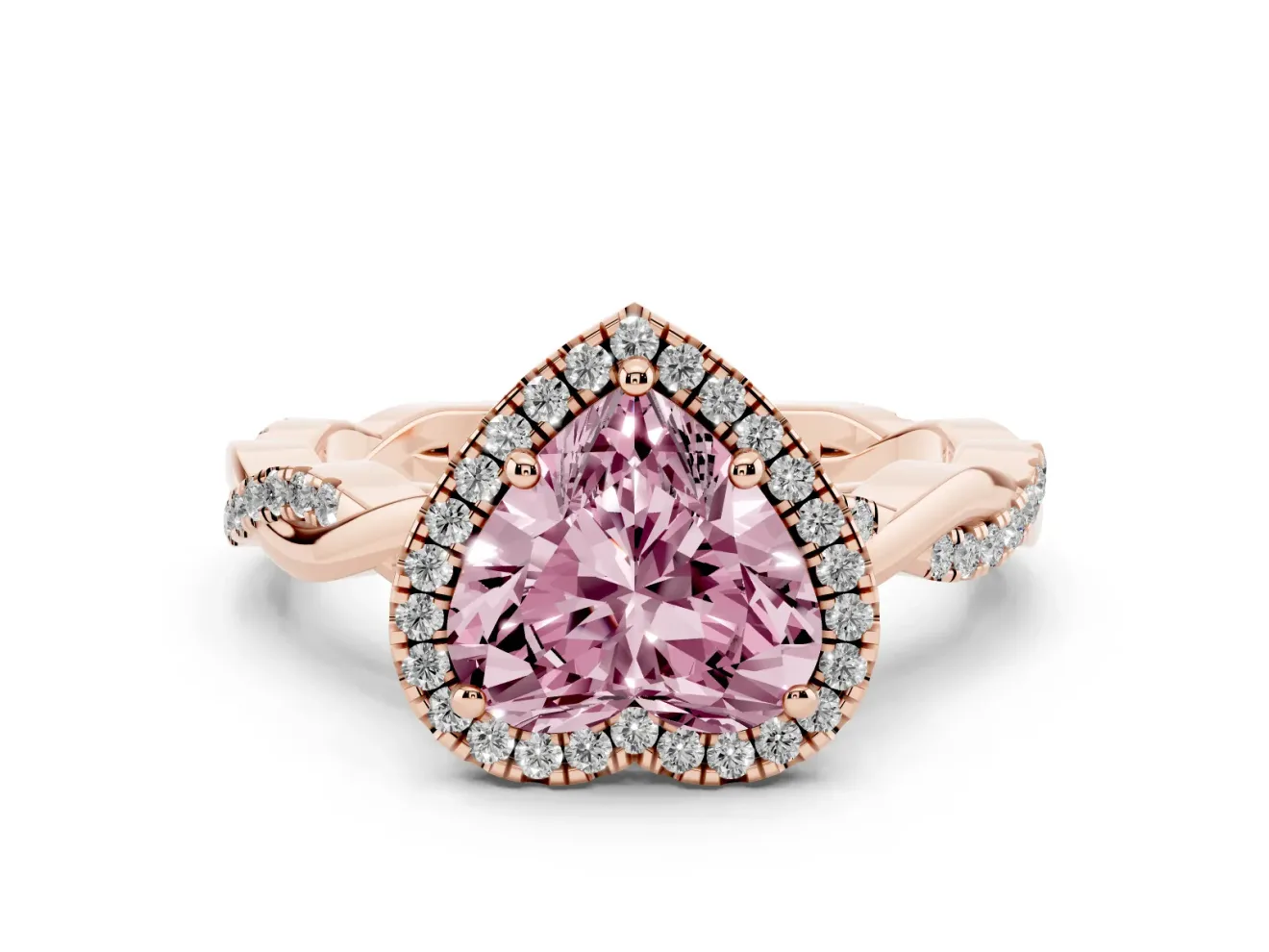 Fancy Pink Heart Cut Diamond Halo Twisted Band Ring Set in Rose gold with Prong Setting