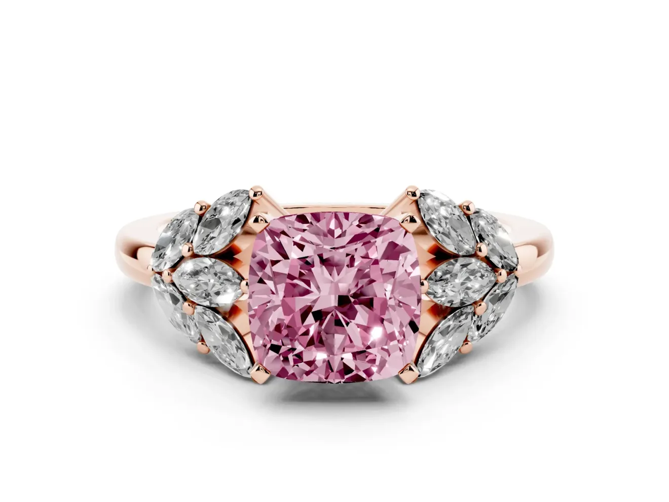Fancy Pink Cushion Cut Diamond Cluster Leaf Design Ring Set in Rose gold with Prong Setting