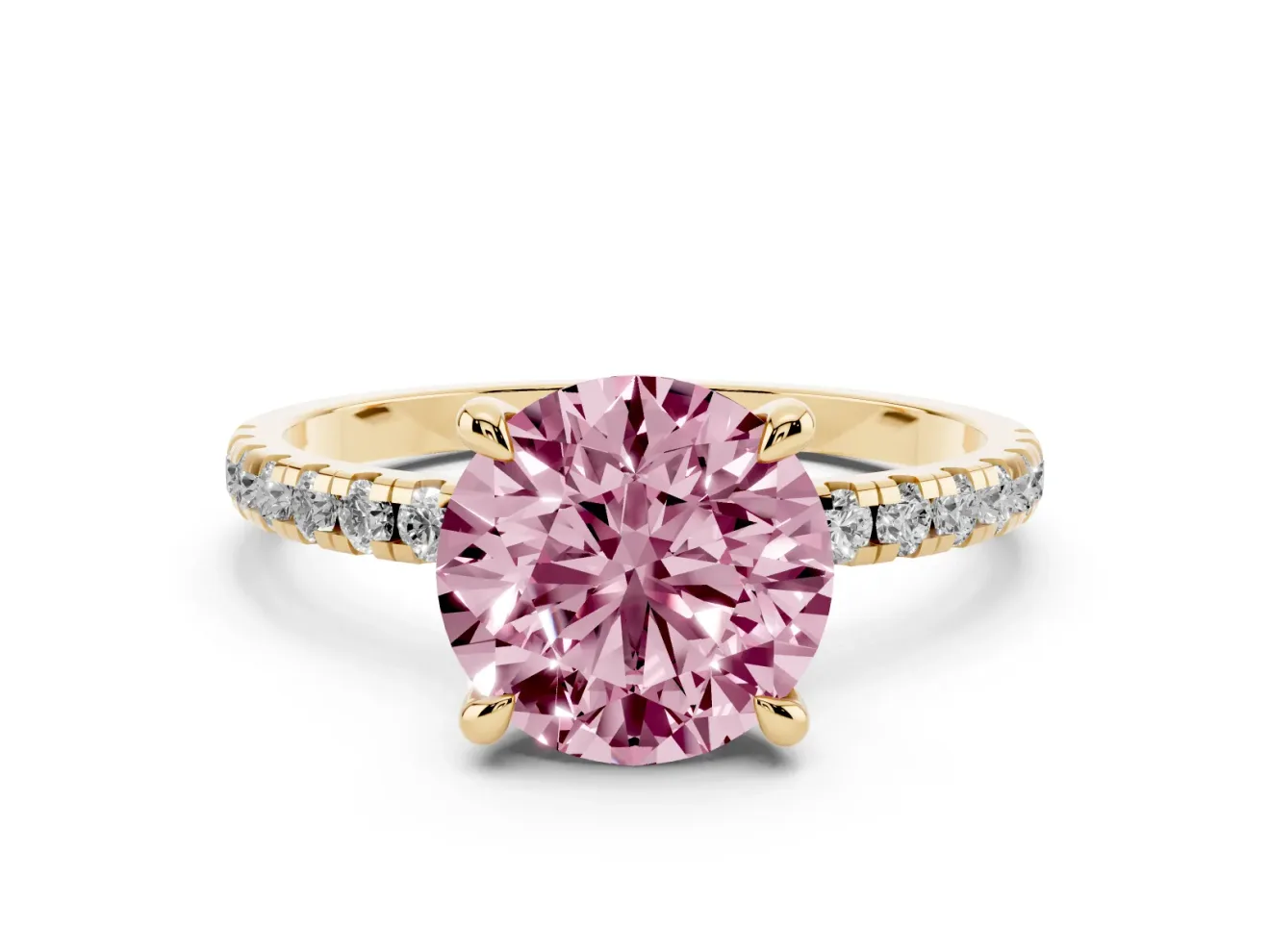 Round Petite Pavé Solitaire Engagement Ring Setting for a Fancy Pink Lab-Grown Diamond | Slim Band | Yellow Gold